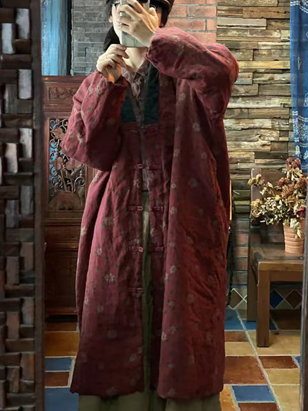 Women Print Washed Linen Padded Coat