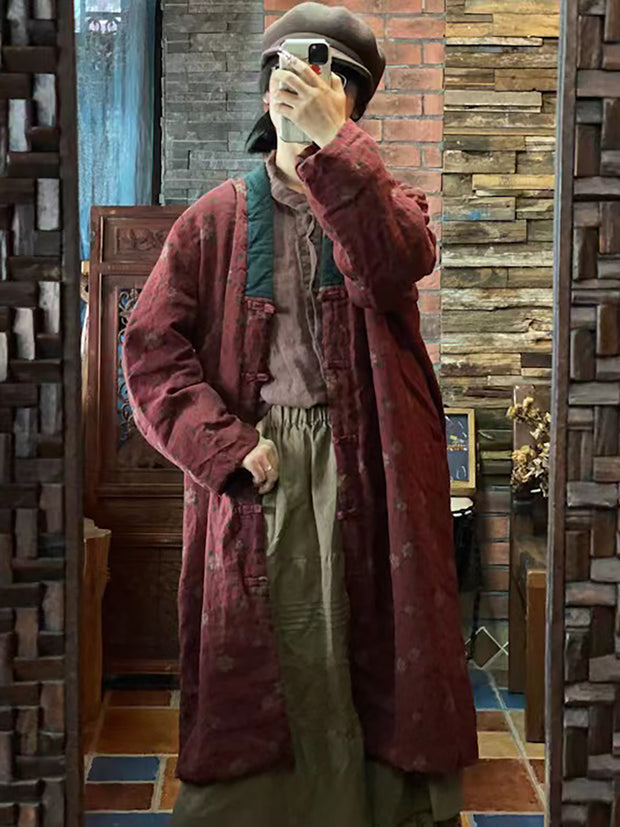 Women Print Washed Linen Padded Coat
