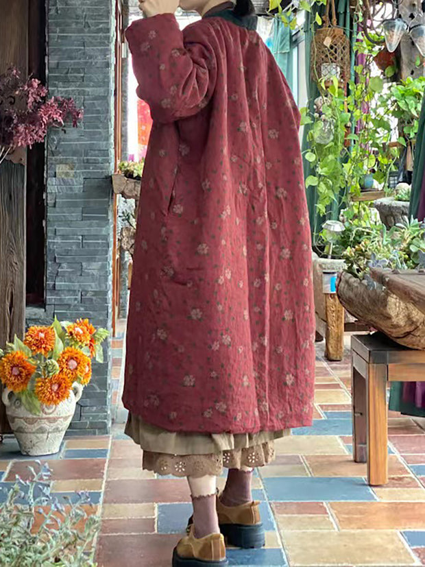 Women Print Washed Linen Padded Coat