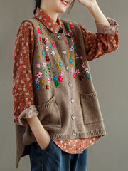 Women Embroidery Cotton Baggy Cardigan Vest