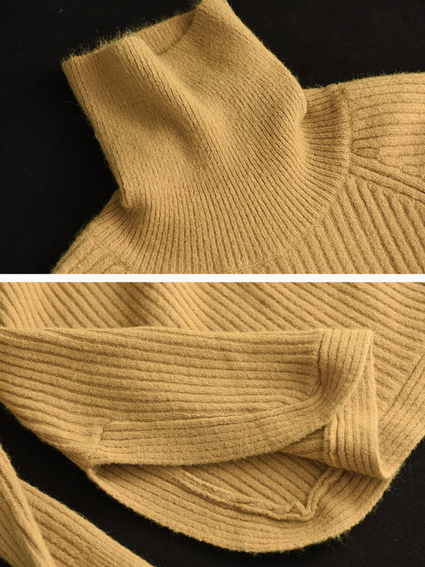 Women Turtleneck Slit Hem Loose Pullover Sweater