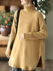 Women Turtleneck Slit Hem Loose Pullover Sweater