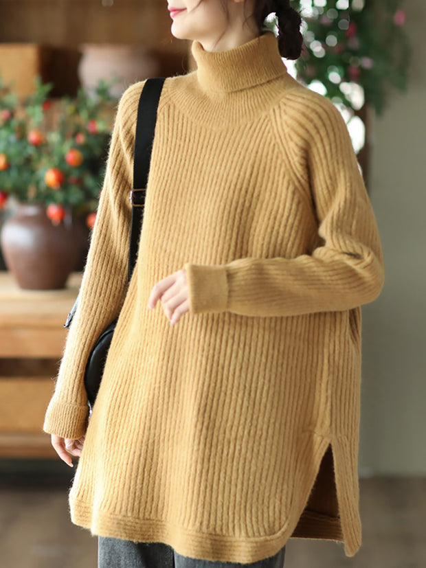 Women Turtleneck Slit Hem Loose Pullover Sweater
