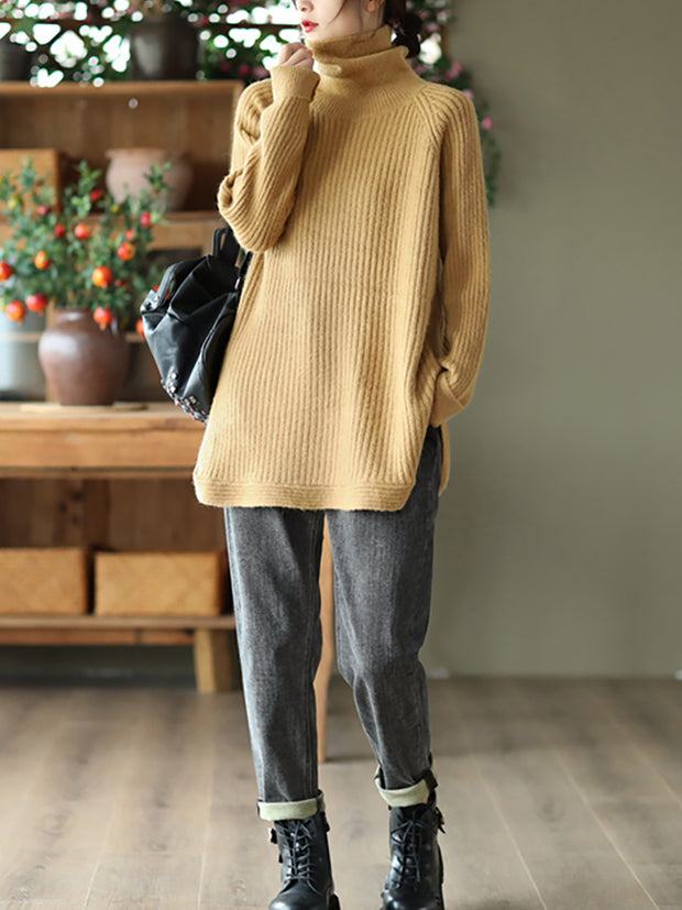 Women Turtleneck Slit Hem Loose Pullover Sweater