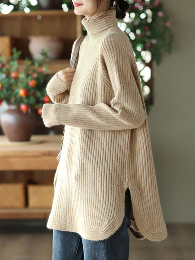 Women Turtleneck Slit Hem Loose Pullover Sweater