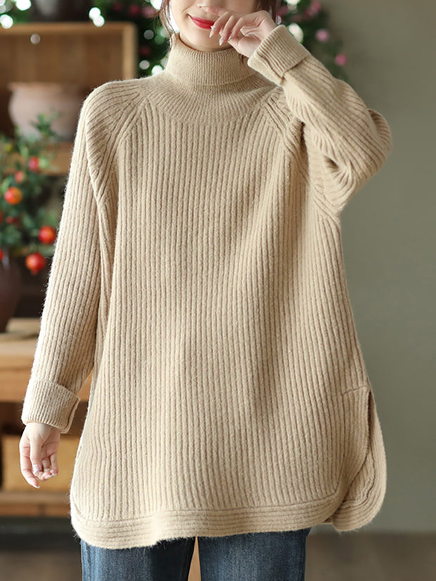 Women Turtleneck Slit Hem Loose Pullover Sweater