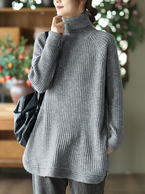 Women Turtleneck Slit Hem Loose Pullover Sweater