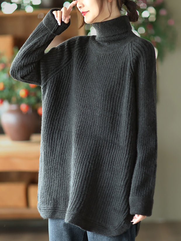 Women Turtleneck Slit Hem Loose Pullover Sweater