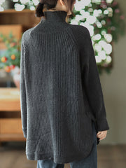 Women Turtleneck Slit Hem Loose Pullover Sweater