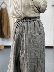 Women Ethnic Style Autumn Striped Cotton Wide Leg Pants