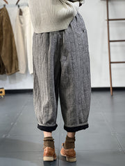 Women Ethnic Style Autumn Striped Cotton Wide Leg Pants