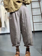 Women Ethnic Style Autumn Striped Cotton Wide Leg Pants