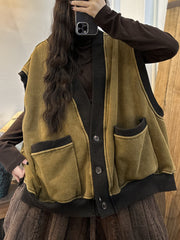 Women Winter Vintage Cotton V-Neck Padded Vest