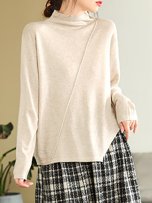 Women Loose Irregular Hem Half-high Collar  Sweater
