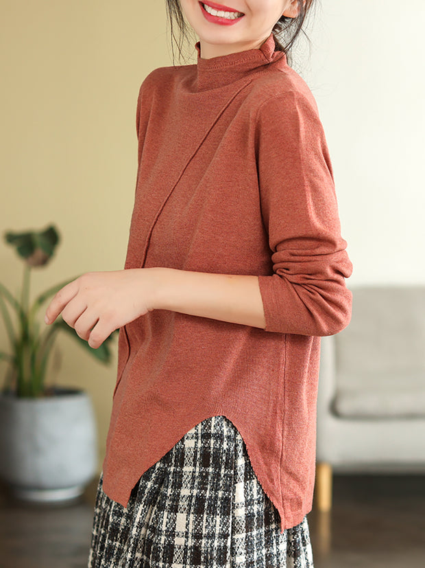 Women Loose Irregular Hem Half-high Collar  Sweater