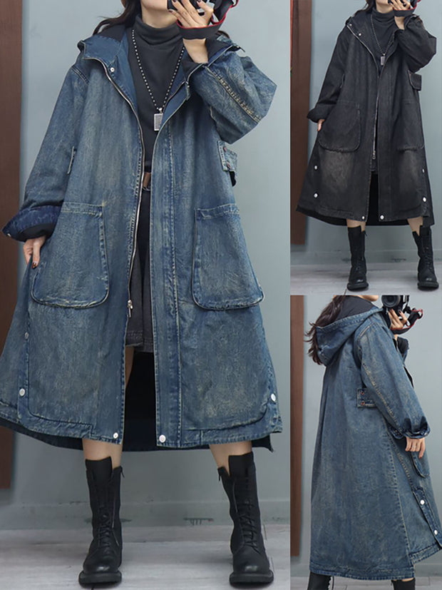 Women Retro Denim Solid Casual Loose Coat