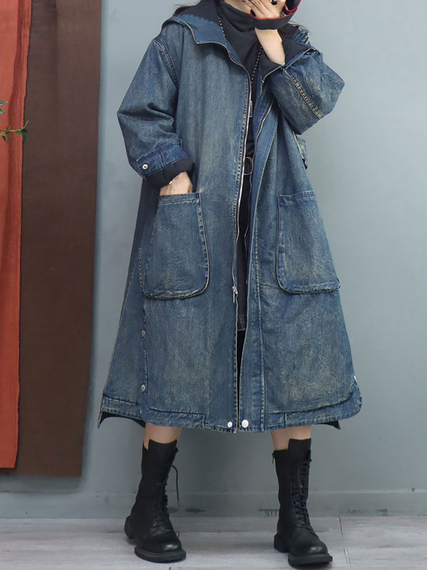 Women Retro Denim Solid Casual Loose Coat