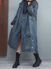 Women Retro Denim Solid Casual Loose Coat