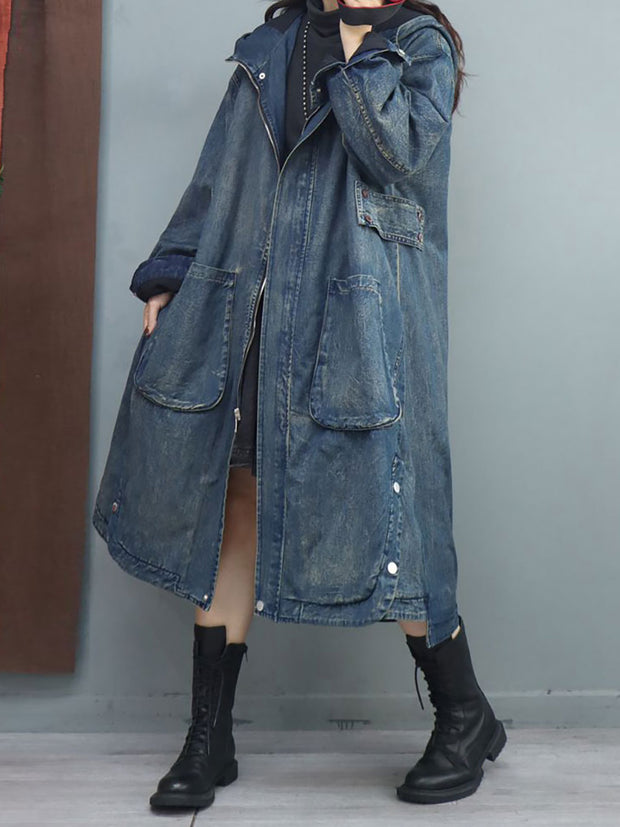 Women Retro Denim Solid Casual Loose Coat