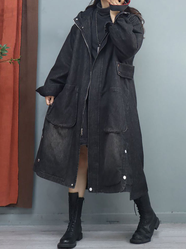Women Retro Denim Solid Casual Loose Coat