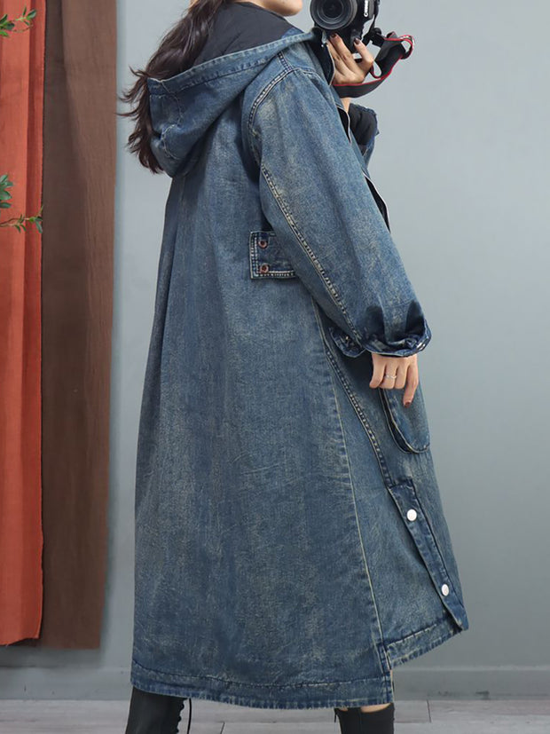 Women Retro Denim Solid Casual Loose Coat