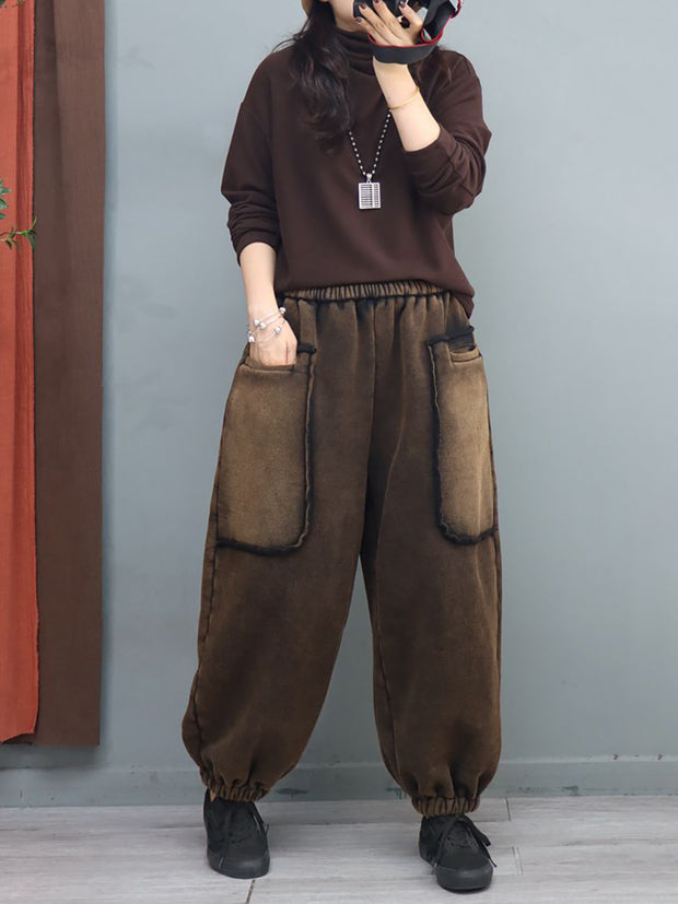 Big Pocket Solid Elastic Waist Casual Loose Pants