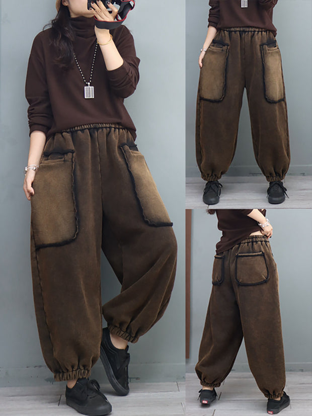 Big Pocket Solid Elastic Waist Casual Loose Pants