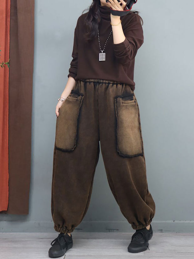 Big Pocket Solid Elastic Waist Casual Loose Pants