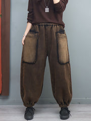Big Pocket Solid Elastic Waist Casual Loose Pants