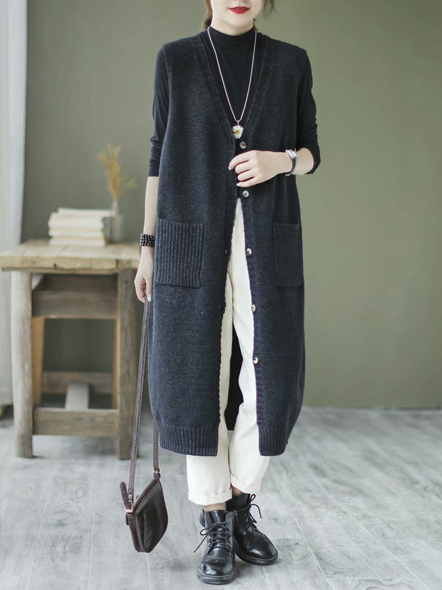 Artsy Solid Knitted Long Vest Sleeveless Sweater