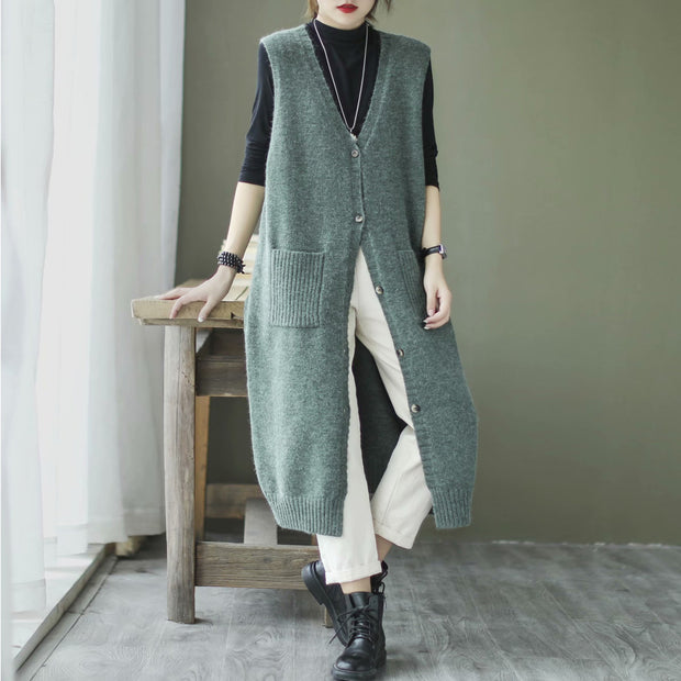 Artsy Solid Knitted Long Vest Sleeveless Sweater