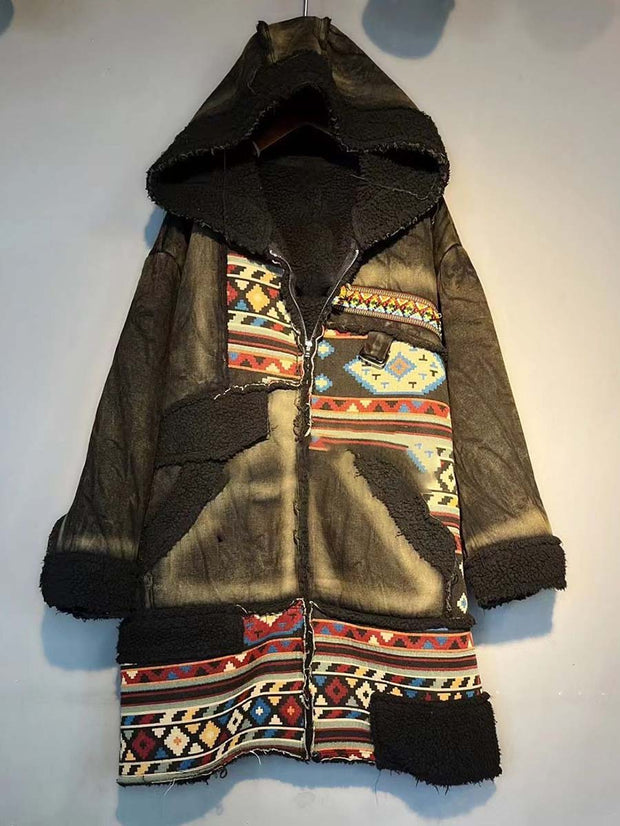 Vintage Worn Denim Patchwork Thick Hooded Coat