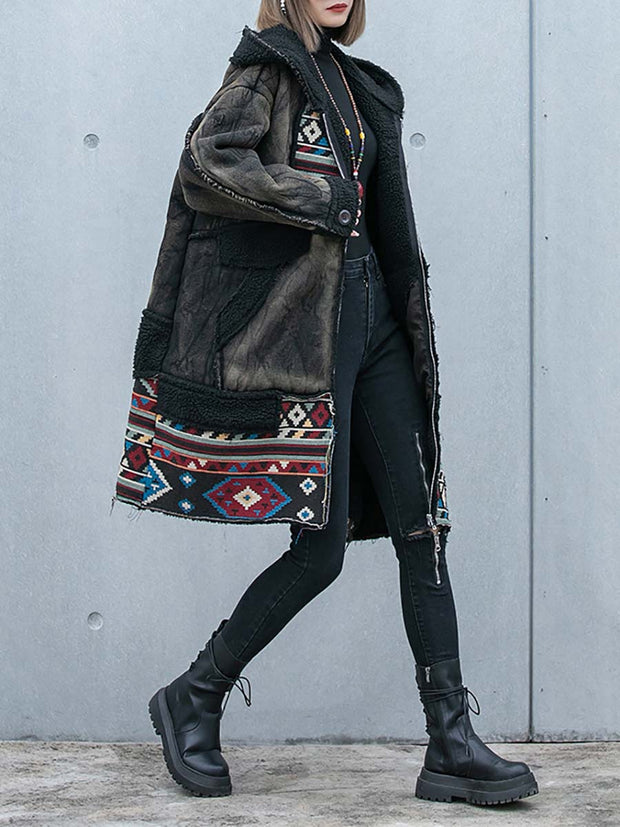 Vintage Worn Denim Patchwork Thick Hooded Coat