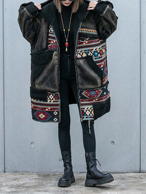 Vintage Worn Denim Patchwork Thick Hooded Coat