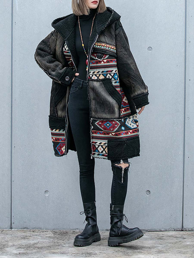 Vintage Worn Denim Patchwork Thick Hooded Coat
