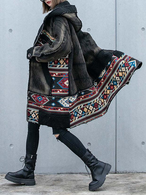 Vintage Worn Denim Patchwork Thick Hooded Coat