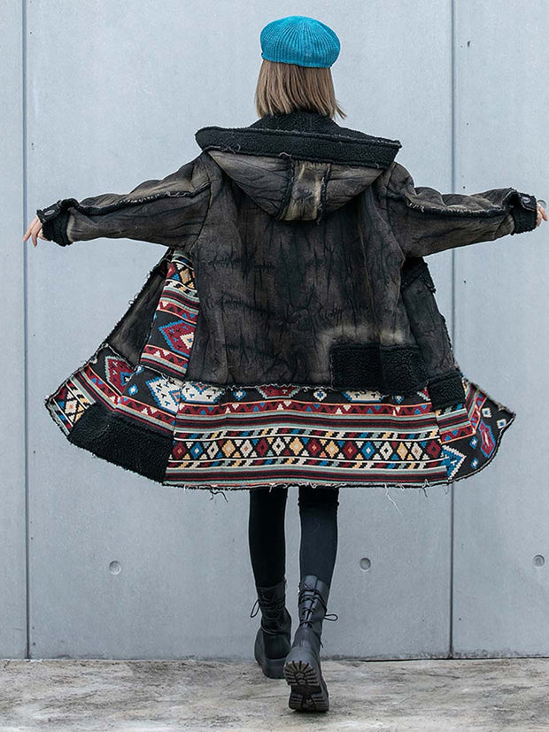 Vintage Worn Denim Patchwork Thick Hooded Coat