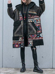 Vintage Worn Denim Patchwork Thick Hooded Coat