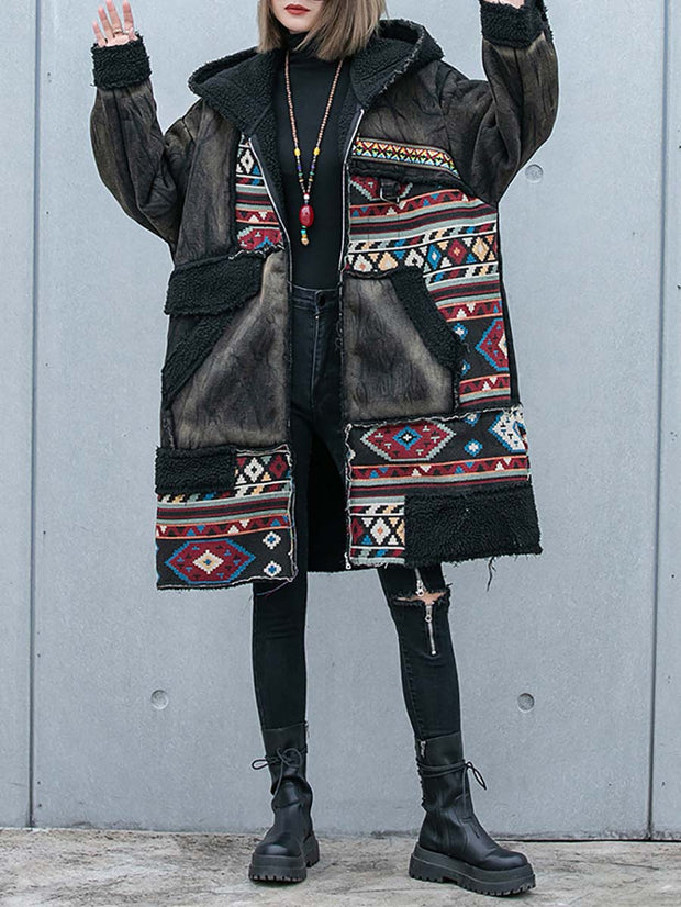 Vintage Worn Denim Patchwork Thick Hooded Coat
