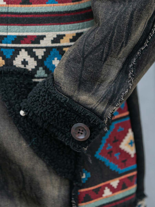 Vintage Worn Denim Patchwork Thick Hooded Coat