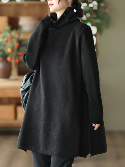 Women Winter Knitted Turtleneck Solid Sweater Dress