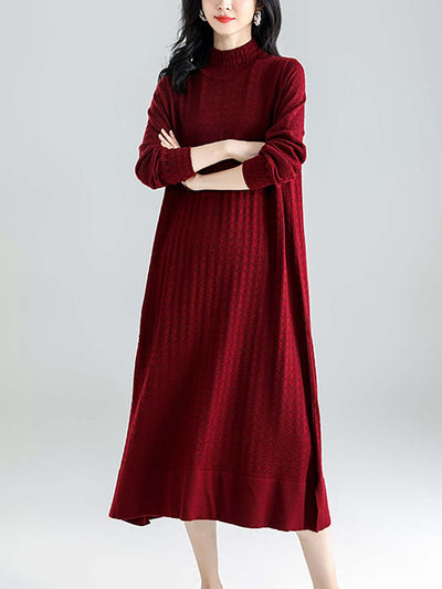 Women Winter Knitted Half-high Collar Loose Dress
