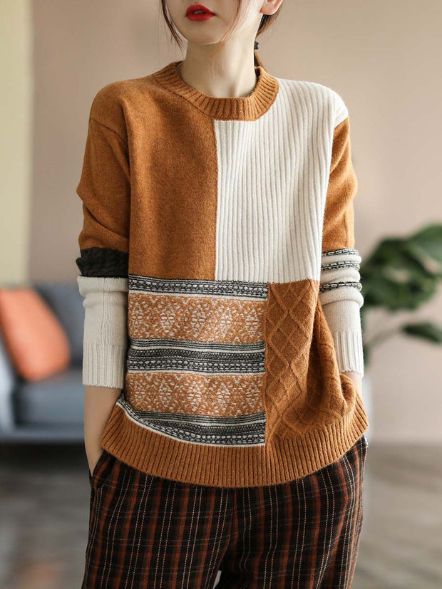 Women Winter Artsy Knitted Patchwork Loose Warm Sweater