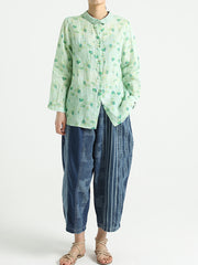 Spring Ramie Prints Long Sleeve Women Loose Shirt