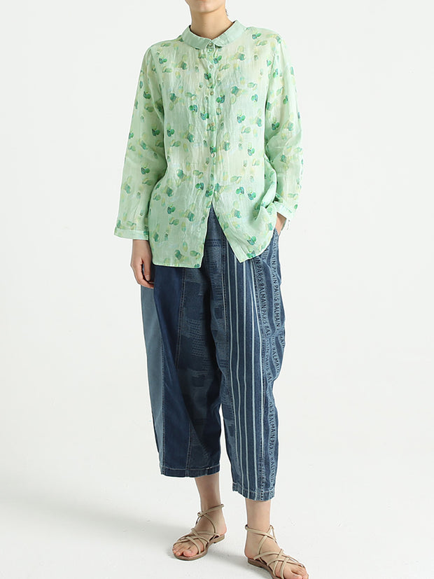 Spring Ramie Prints Long Sleeve Women Loose Shirt