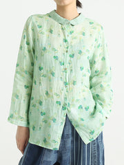 Spring Ramie Prints Long Sleeve Women Loose Shirt