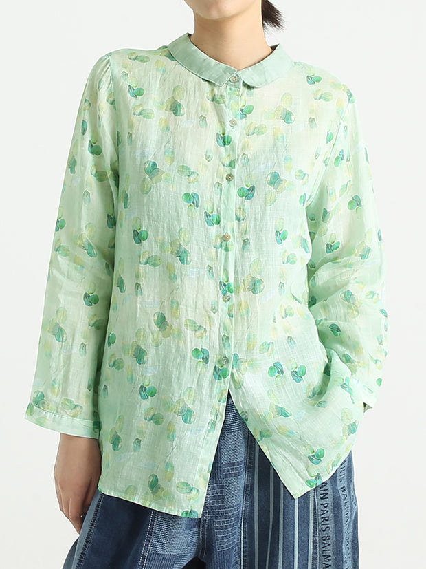 Spring Ramie Prints Long Sleeve Women Loose Shirt