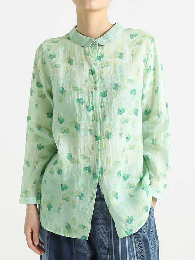 Spring Ramie Prints Long Sleeve Women Loose Shirt