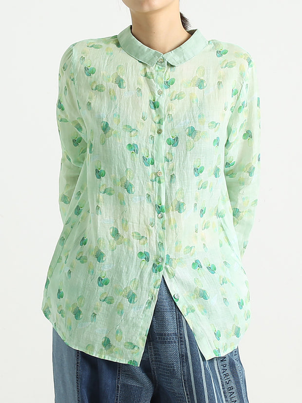 Spring Ramie Prints Long Sleeve Women Loose Shirt