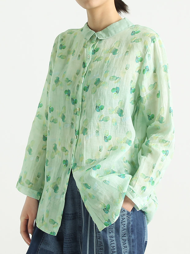 Spring Ramie Prints Long Sleeve Women Loose Shirt